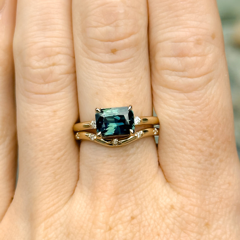 2.51ct Radiant Cut Untreated Madagascar Sapphire and Diamond Low Profile East-West Ring in 14k Yellow Gold