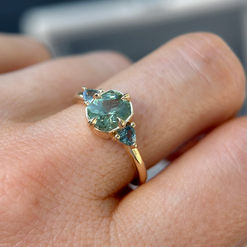 1.55ct Cushion Cut Montana Sapphire and Trillion Sapphire Antique Compass Set Low Profile Ring in 14k Yellow Gold