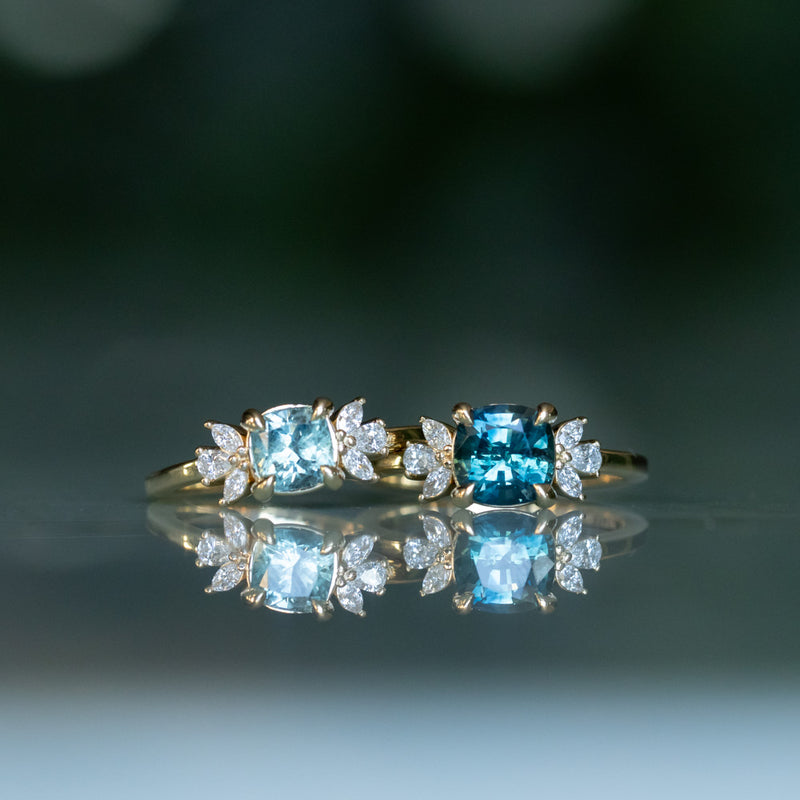 1.11ct Light Teal Blue Cushion Cut Untreated Montana Sapphire and Lab Grown Marquise Diamond Cluster Ring in 14k Yellow Gold