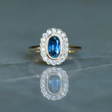 1.22ct Oval Blue Montana Sapphire Scalloped Antique Style Diamond Halo Ring in 14k Yellow Gold