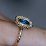 1.22ct Oval Blue Montana Sapphire Scalloped Antique Style Diamond Halo Ring in 14k Yellow Gold