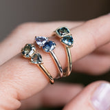 Low Profile Cushion and Trillion Sapphire Toi Et Moi Rings in 14k Green, Yellow and White Gold