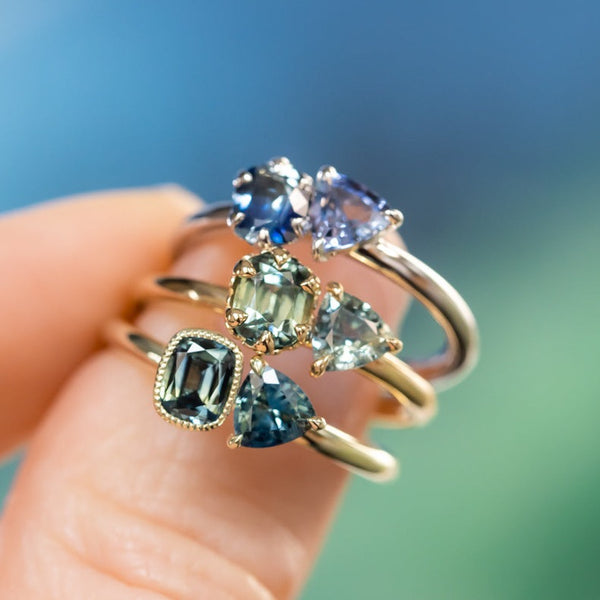 Low Profile Cushion and Trillion Sapphire Toi Et Moi Rings in 14k Green, Yellow and White Gold