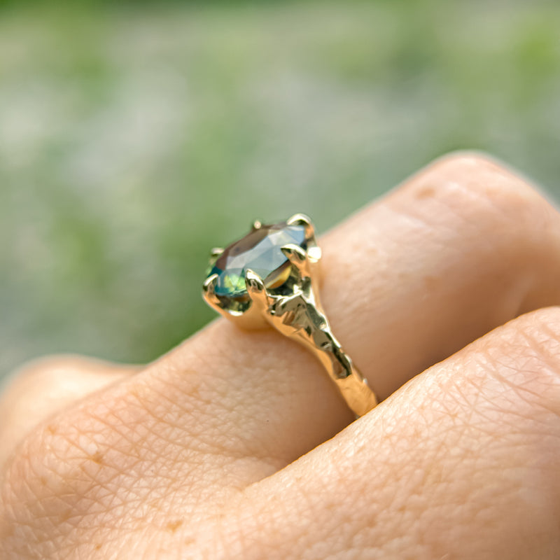 3.29ct Untreated Oval Parti Green Sapphire Low Profile 6 Prong Evergreen Carved Solitaire in 14k Yellow Gold