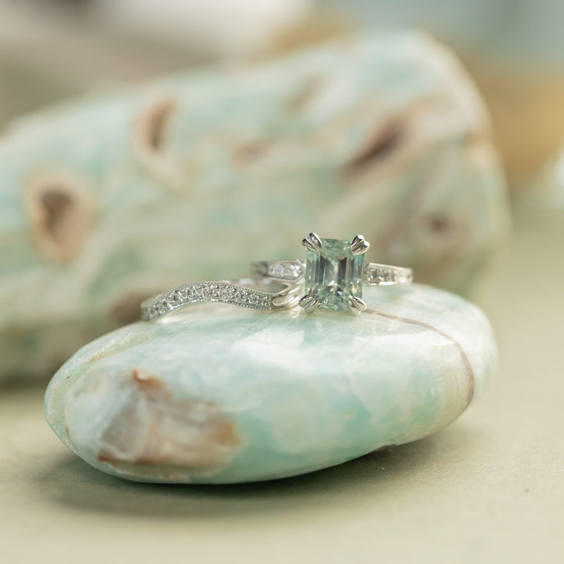 3.84ct Emerald Cut Unheated Light Aqua Blue Montana Sapphire Double Claw Prong Low Profile Milgrain and Diamond Vintage Cathedral Wedding Set in Platinum