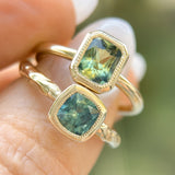 1.13ct Cushion Cut Rock Creek Montana Sapphire Low Profile Bezel Ring with Evergreen Texture and Milgrain in 14k Yellow Gold