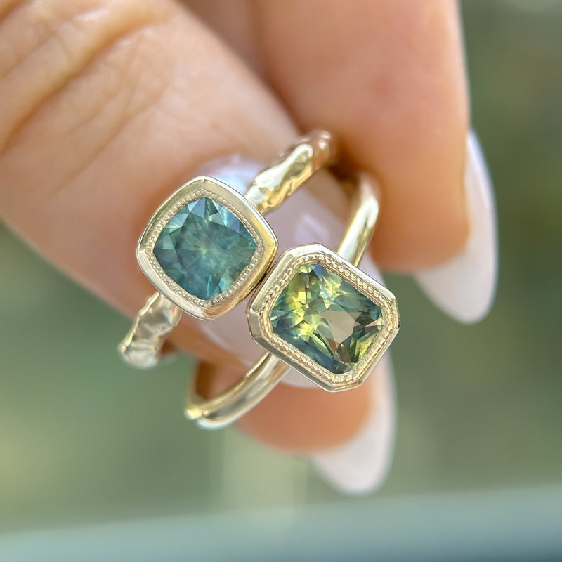 1.13ct Cushion Cut Rock Creek Montana Sapphire Low Profile Bezel Ring with Evergreen Texture and Milgrain in 14k Yellow Gold