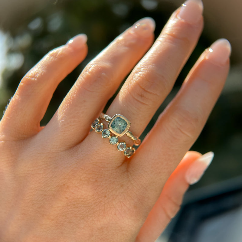 1.13ct Cushion Cut Rock Creek Montana Sapphire Low Profile Bezel Ring with Evergreen Texture and Milgrain in 14k Yellow Gold