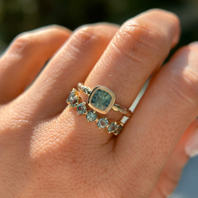 1.13ct Cushion Cut Rock Creek Montana Sapphire Low Profile Bezel Ring with Evergreen Texture and Milgrain in 14k Yellow Gold