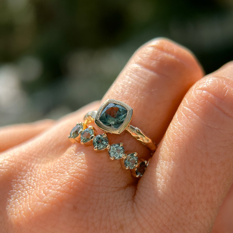 1.13ct Cushion Cut Rock Creek Montana Sapphire Low Profile Bezel Ring with Evergreen Texture and Milgrain in 14k Yellow Gold