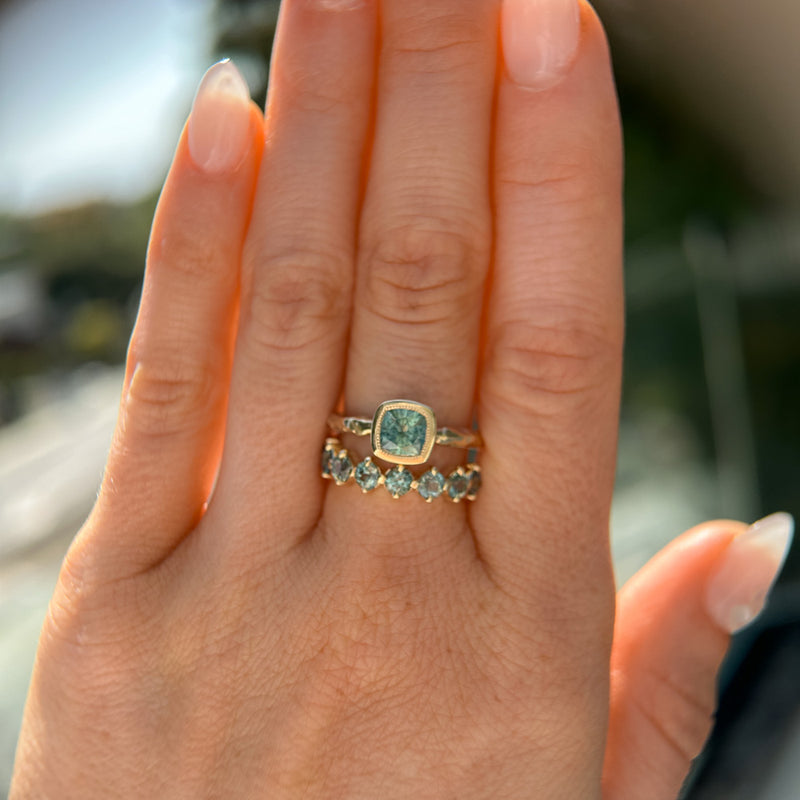 1.13ct Cushion Cut Rock Creek Montana Sapphire Low Profile Bezel Ring with Evergreen Texture and Milgrain in 14k Yellow Gold