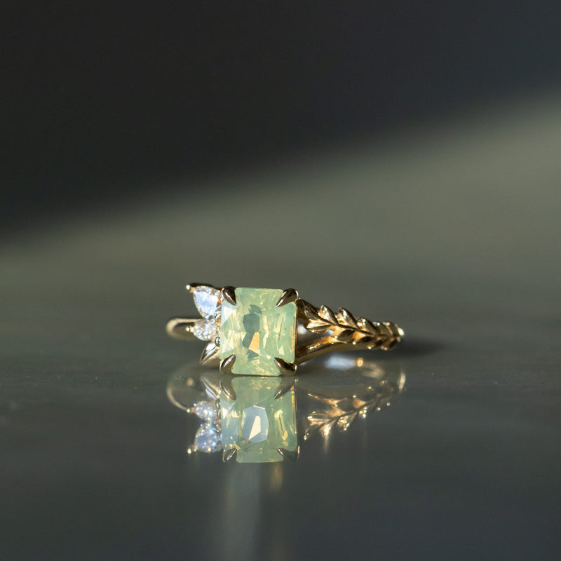 2.09ct Opalescent Green Radiant Cut Madagascar Sapphire in Wandering Vine Low Profile 4 Prong Setting with Diamonds in 14k Yellow