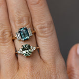 3.05ct Teal Emerald Cut Sapphire Three Stone Ring with Baguette Diamonds in Platinum & 18k Yellow Gold