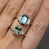 3.05ct Teal Emerald Cut Sapphire Three Stone Ring with Baguette Diamonds in Platinum & 18k Yellow Gold