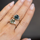 3.05ct Teal Emerald Cut Sapphire Three Stone Ring with Baguette Diamonds in Platinum & 18k Yellow Gold