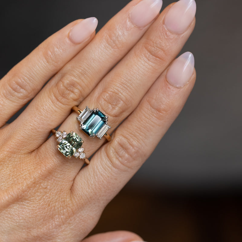 3.05ct Teal Emerald Cut Sapphire Three Stone Ring with Baguette Diamonds in Platinum & 18k Yellow Gold