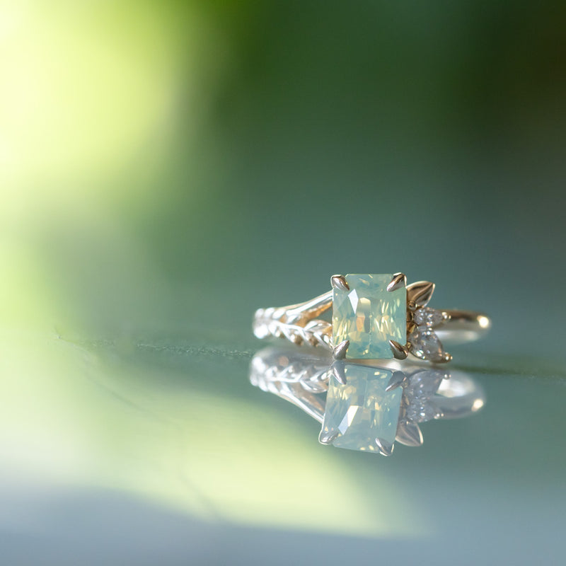 2.09ct Opalescent Green Radiant Cut Madagascar Sapphire in Wandering Vine Low Profile 4 Prong Setting with Diamonds in 14k Yellow