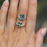 3.05ct Teal Emerald Cut Sapphire Three Stone Ring with Baguette Diamonds in Platinum & 18k Yellow Gold