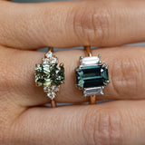 3.05ct Teal Emerald Cut Sapphire Three Stone Ring with Baguette Diamonds in Platinum & 18k Yellow Gold