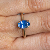 1.81ct Opalescent Oval Blue Sapphire Hidden Halo Solitaire in Satin Finished 14k Yellow Gold