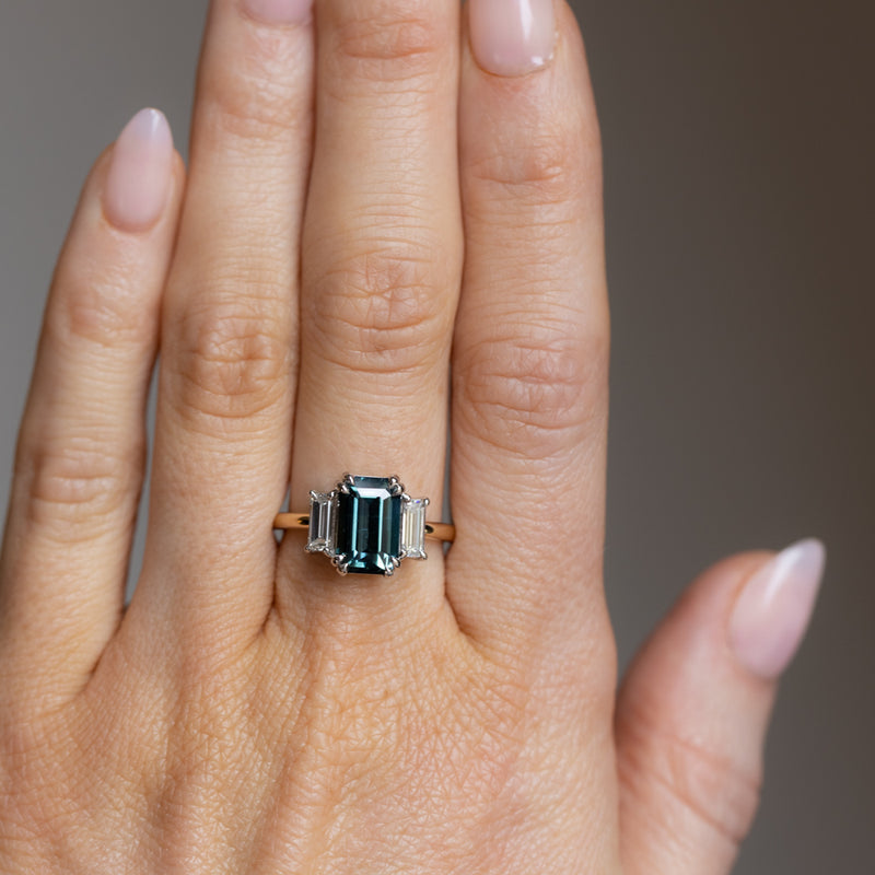 3.05ct Teal Emerald Cut Sapphire Three Stone Ring with Baguette Diamonds in Platinum & 18k Yellow Gold