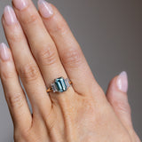 3.05ct Teal Emerald Cut Sapphire Three Stone Ring with Baguette Diamonds in Platinum & 18k Yellow Gold