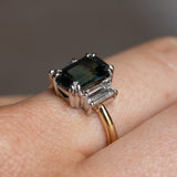 3.05ct Teal Emerald Cut Sapphire Three Stone Ring with Baguette Diamonds in Platinum & 18k Yellow Gold