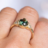 1.48ct Round Brilliant Green Australian Sapphire and Natural Trillion Diamond Antique Compass Set Low Profile Ring in 18k Yellow Gold