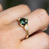 1.48ct Round Brilliant Green Australian Sapphire and Natural Trillion Diamond Antique Compass Set Low Profile Ring in 18k Yellow Gold