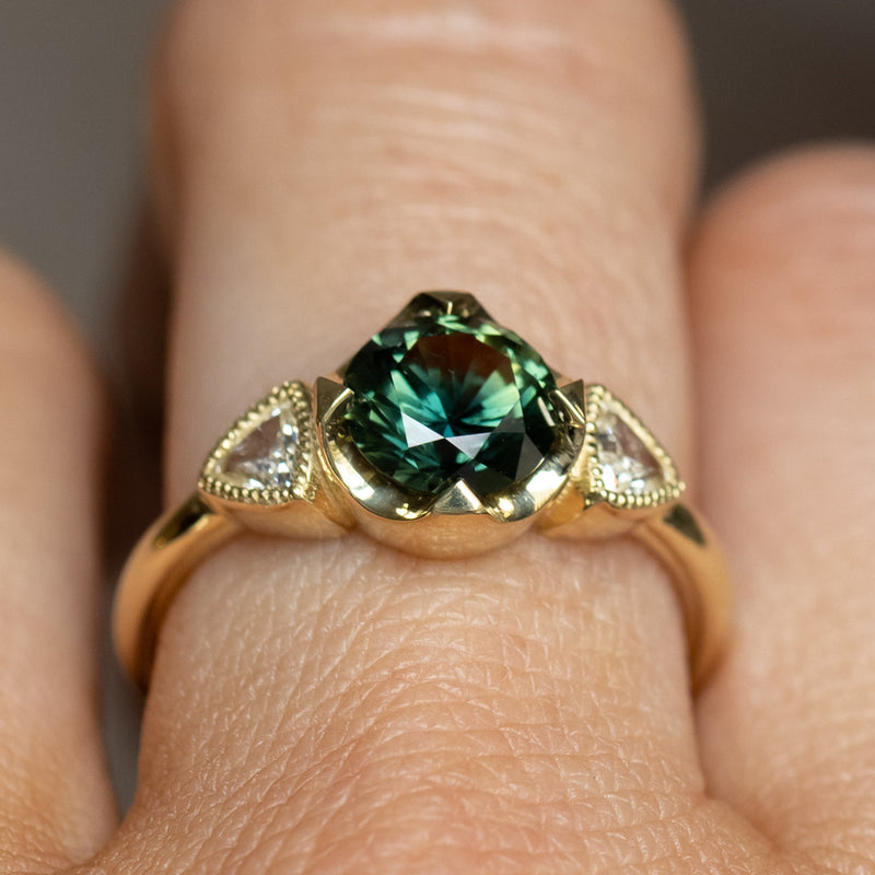 1.48ct Round Brilliant Green Australian Sapphire and Natural Trillion Diamond Antique Compass Set Low Profile Ring in 18k Yellow Gold