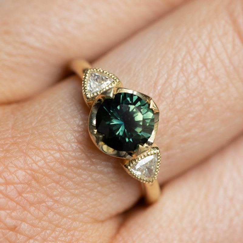 1.48ct Round Brilliant Green Australian Sapphire and Natural Trillion Diamond Antique Compass Set Low Profile Ring in 18k Yellow Gold