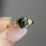 1.48ct Round Brilliant Green Australian Sapphire and Natural Trillion Diamond Antique Compass Set Low Profile Ring in 18k Yellow Gold