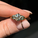 1.64ct Vintage Transitional Cut Diamond and Trillion Australian Sapphire Antique Style Compass Set Low Profile Ring with Scallop Details in 18k Yellow Gold