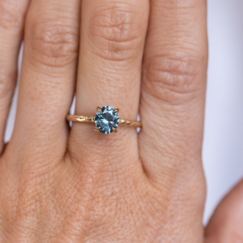 1.35ct Oval Medium Teal Blue Montana Sapphire Evergreen Carved 4 Prong Solitaire in 14k Yellow Gold