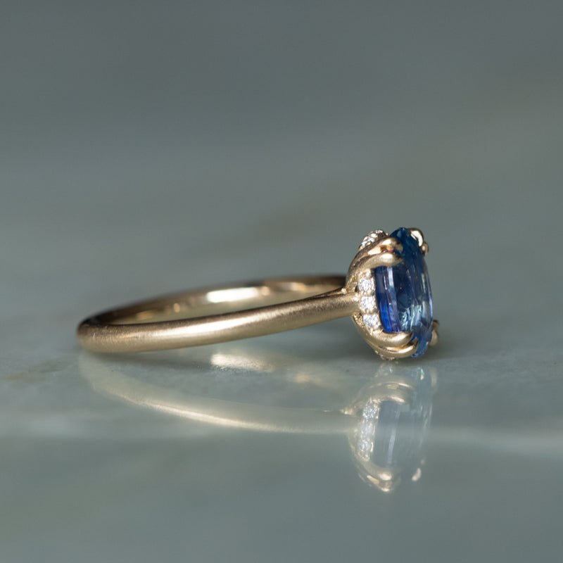 1.81ct Opalescent Oval Blue Sapphire Hidden Halo Solitaire in Satin Finished 14k Yellow Gold