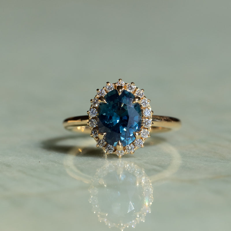 2.56ct Untreated Madagascar Oval Teal Sapphire Antique-Style Diamond Halo Ring in 18k Yellow Gold