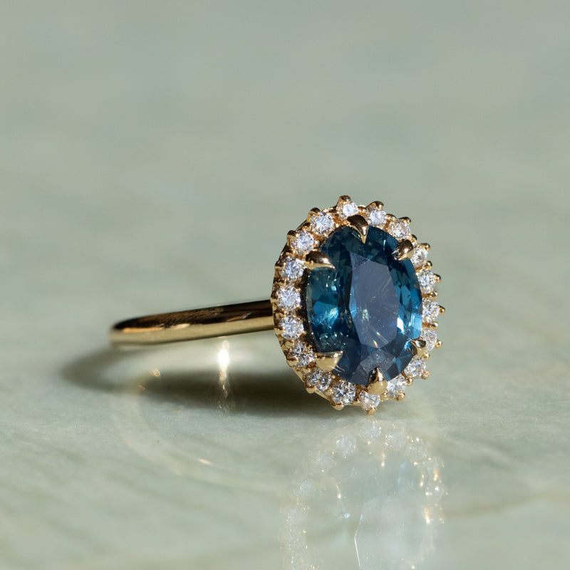 2.56ct Untreated Madagascar Oval Teal Sapphire Antique-Style Diamond Halo Ring in 18k Yellow Gold