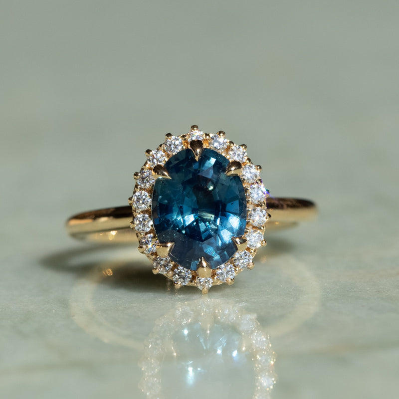 2.56ct Untreated Madagascar Oval Teal Sapphire Antique-Style Diamond Halo Ring in 18k Yellow Gold