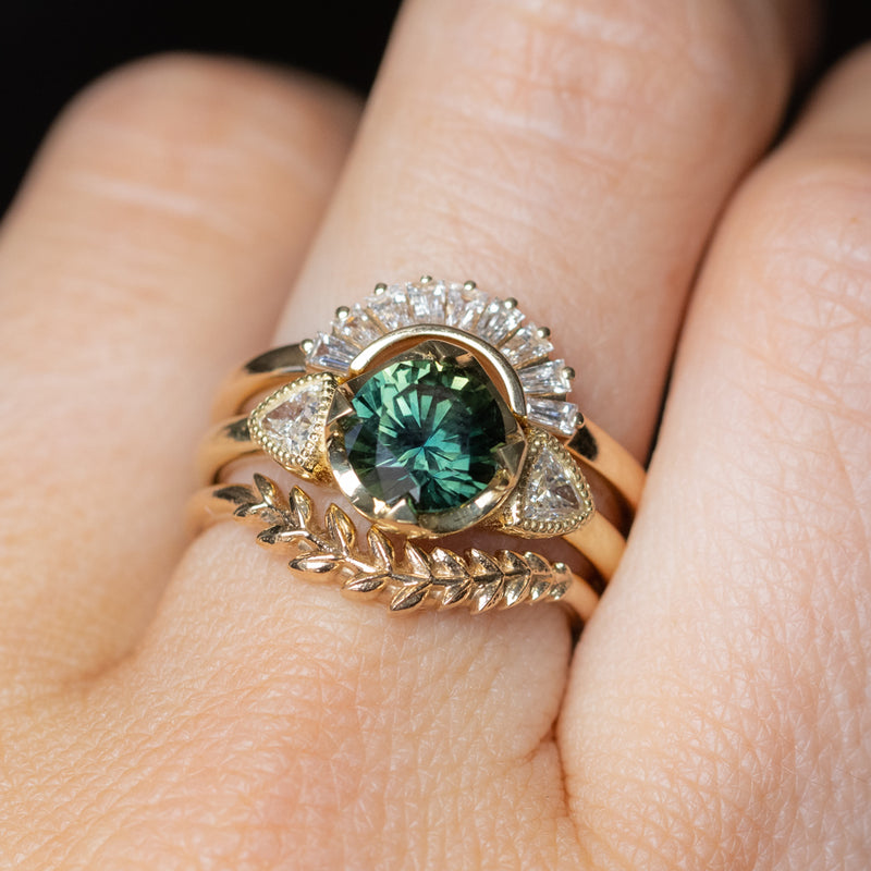 1.48ct Round Brilliant Green Australian Sapphire and Natural Trillion Diamond Antique Compass Set Low Profile Ring in 18k Yellow Gold