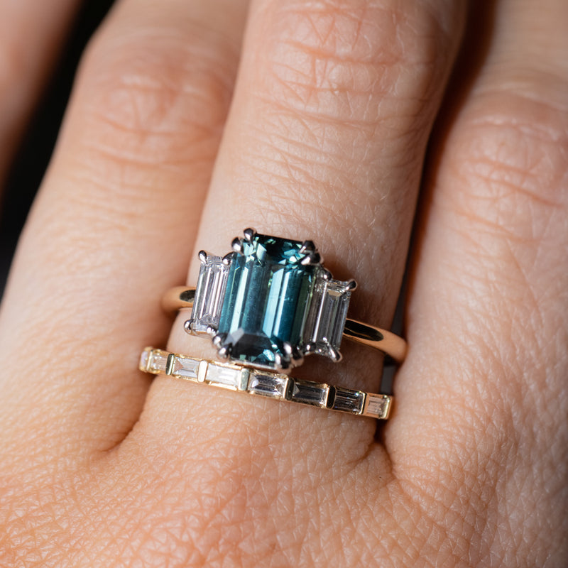 3.05ct Teal Emerald Cut Sapphire Three Stone Ring with Baguette Diamonds in Platinum & 18k Yellow Gold