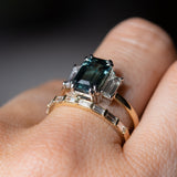 3.05ct Teal Emerald Cut Sapphire Three Stone Ring with Baguette Diamonds in Platinum & 18k Yellow Gold