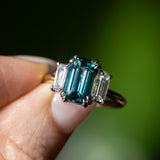 3.05ct Teal Emerald Cut Sapphire Three Stone Ring with Baguette Diamonds in Platinum & 18k Yellow Gold