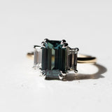 3.05ct Teal Emerald Cut Sapphire Three Stone Ring with Baguette Diamonds in Platinum & 18k Yellow Gold