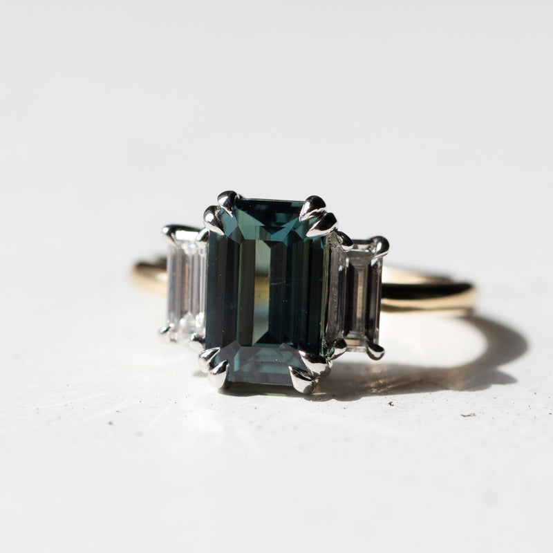 3.05ct Teal Emerald Cut Sapphire Three Stone Ring with Baguette Diamonds in Platinum & 18k Yellow Gold