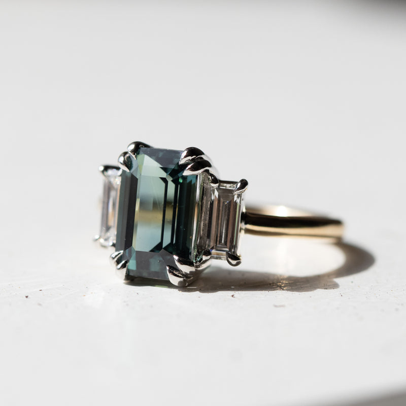 3.05ct Teal Emerald Cut Sapphire Three Stone Ring with Baguette Diamonds in Platinum & 18k Yellow Gold