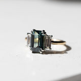 3.05ct Teal Emerald Cut Sapphire Three Stone Ring with Baguette Diamonds in Platinum & 18k Yellow Gold