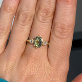 1.45ct Parti Australian Fantasy Cut Sapphire and White Australian Kite Sapphire Antique Milgrain Three Stone Low Profile Ring in 18k Yellow Gold