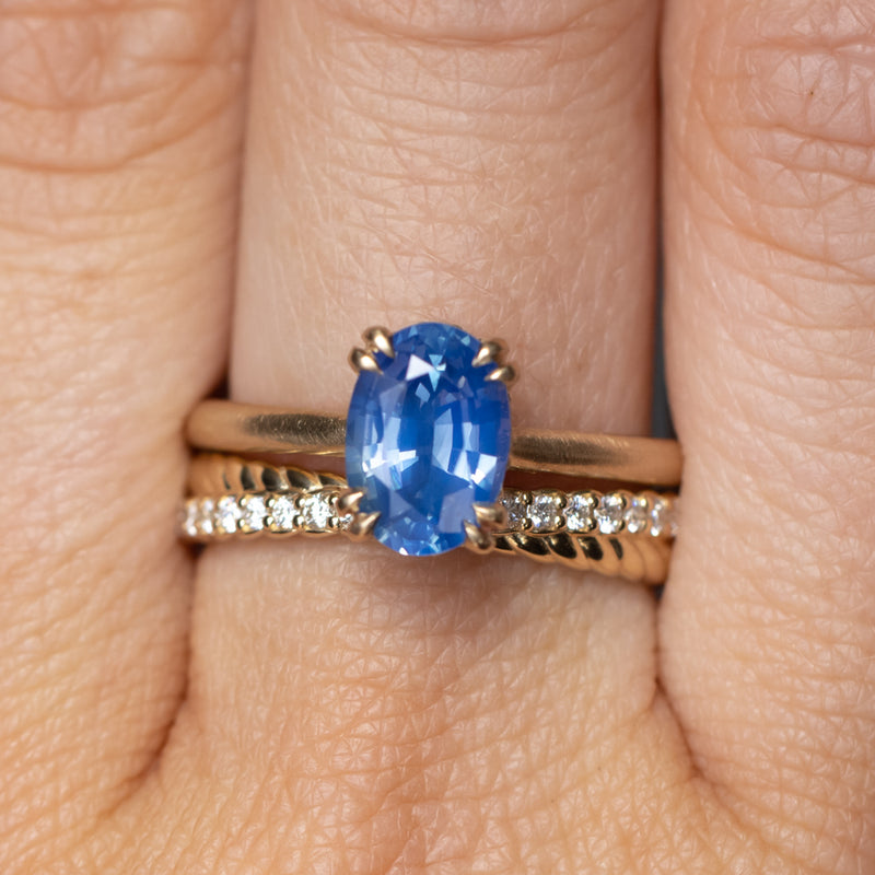 1.81ct Opalescent Oval Blue Sapphire Hidden Halo Solitaire in Satin Finished 14k Yellow Gold