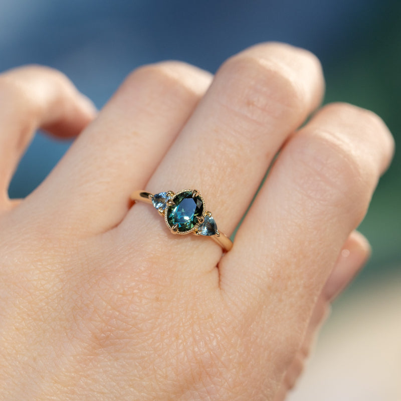 1.29ct Oval Deep Teal Green Australian Sapphire and Trillion Sapphire Antique Low Profile Ring in 14k Yellow Gold