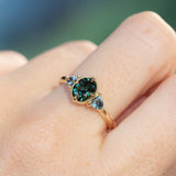 1.29ct Oval Deep Teal Green Australian Sapphire and Trillion Sapphire Antique Low Profile Ring in 14k Yellow Gold